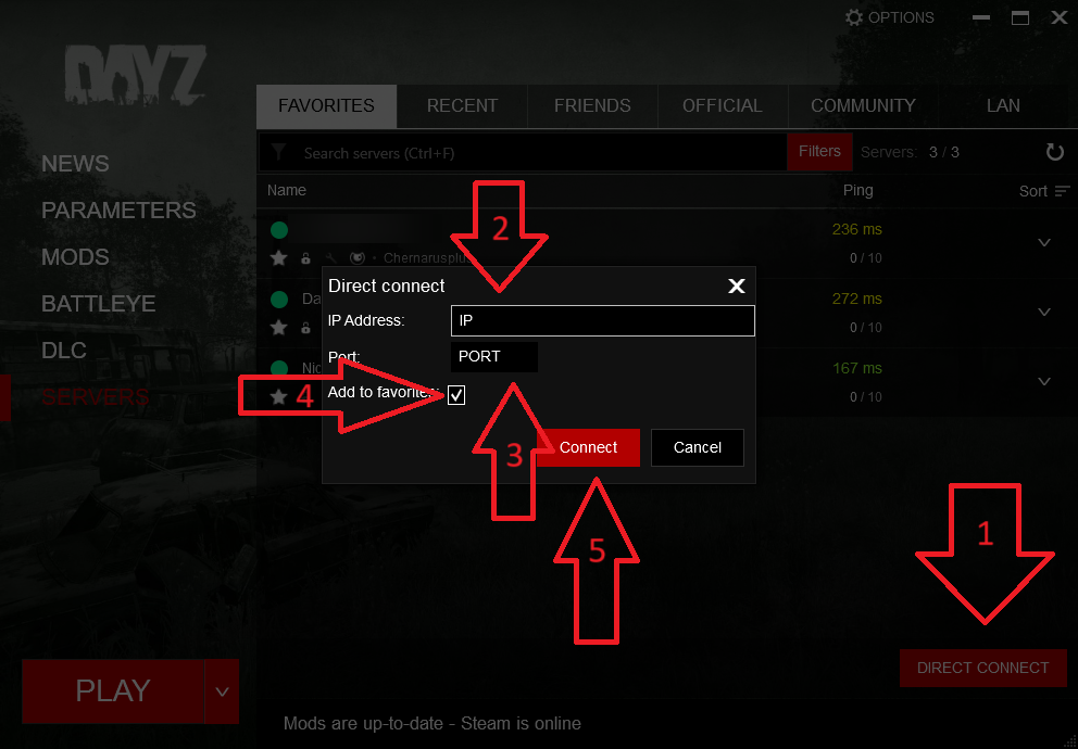 Zrzut ekranu: łączenie przez oryginalny launcher DayZ